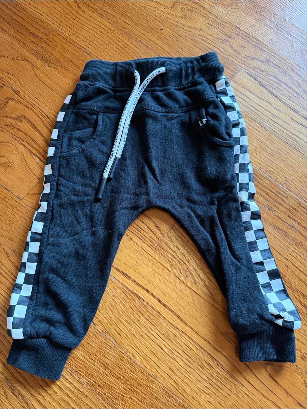 Little Trouble Black Jogger Pants with Checker Stripe